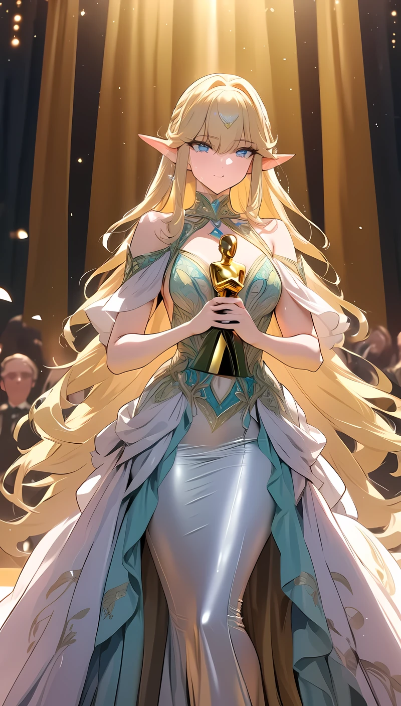 (((Best quality, 8k, Masterpiece: 1.3)), ((best quality)), ((masterpiece)), (detailed), perfect face, perfect body, (detailed skin:1.3), (intricate details), A radiant young elven actress, with flowing golden blonde hair and piercing blue eyes, stands on the grand stage of an Academy Awards ceremony. She wears an elegant, floor-length gown in shimmering silver and gold, adorned with intricate elven embroidery that glimmers under the stage lights. In her delicate hand, she holds the iconic Oscar statuette. Tears of joy glisten in her eyes as she speaks passionately into the microphone, her pointed ears visible beneath her graceful hair. The background features a lavish stage with golden curtains, dramatic lighting, and an audience captivated by her heartfelt words.