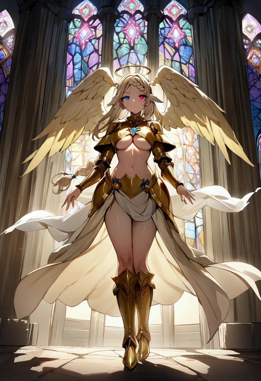 1 angel, fair skin, long blonde hair, golden eyes, white wings, ((detailed eyes:1.2)), medium breasts, wearing translucent white toga, elegant, sensual, sideboob, (masterpiece, top quality, best quality, official art, beautiful and aesthetic:1.2), extreme detailed, colorful, highest detailed