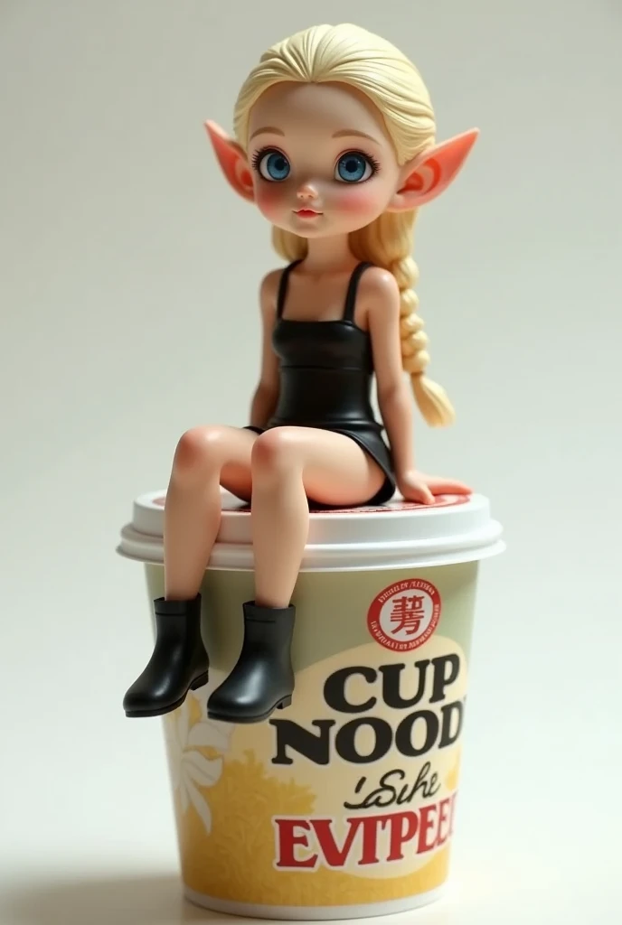 A cup noodle container with the product name printed on the side and top cover, with the cover tightly closed, A small elf sitting on the edge of the cover, full body, PVC texture, braided blonde and slicked-back hair, azure eyes. bare shoulder black mini dress, black short boots, super realistic, from above, Tilt lens photography, simple background