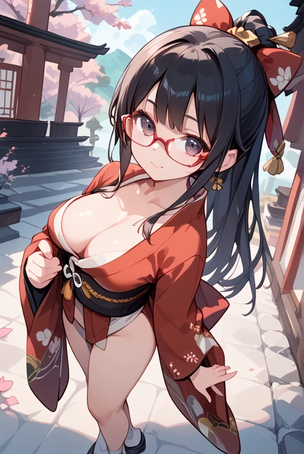  black hair, long hair,Glasses, red kimono, Japanese Shrine,Shrine visit