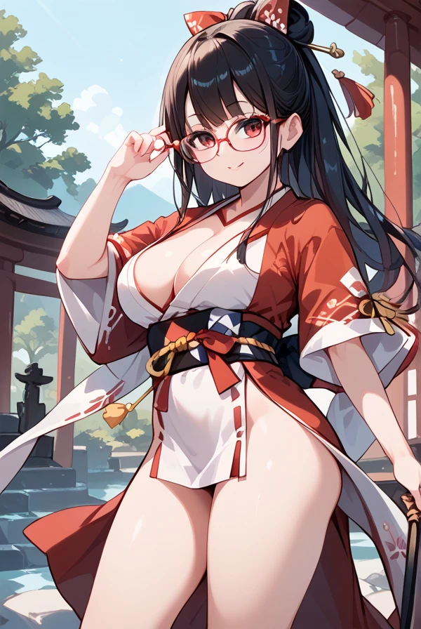  black hair, long hair,Glasses, red kimono, Japanese Shrine,Shrine visit