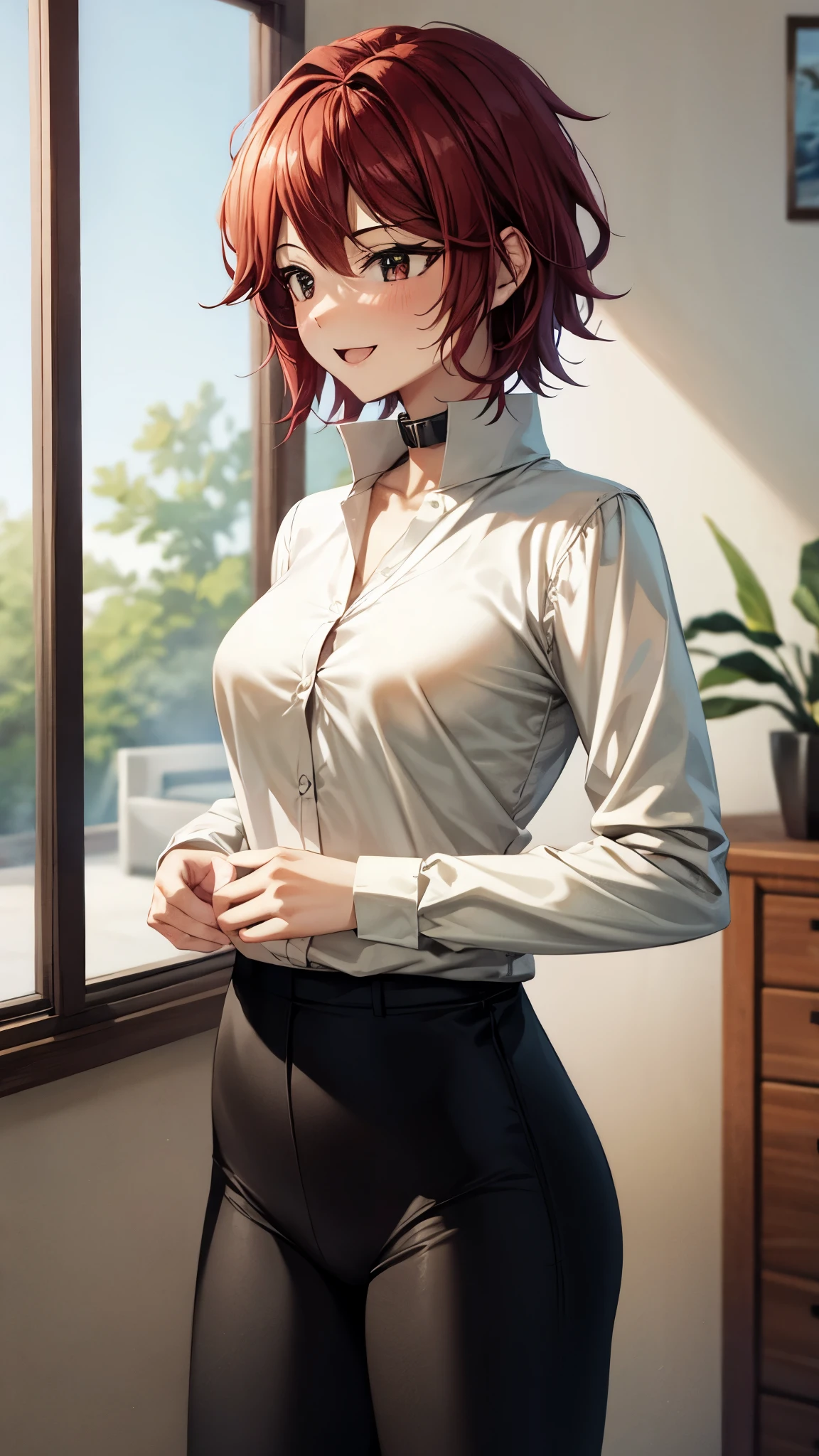 （ super quality, ultra high resolution,16k,super masterpiece,Ultra HD ,Detailed shading and background,）One sexy woman,Pretty short red hair ,（ long-sleeved white shirt with the collar stand up with the button removed, black pants,）smile,Open your lips a little, Living room where the sun shines ,