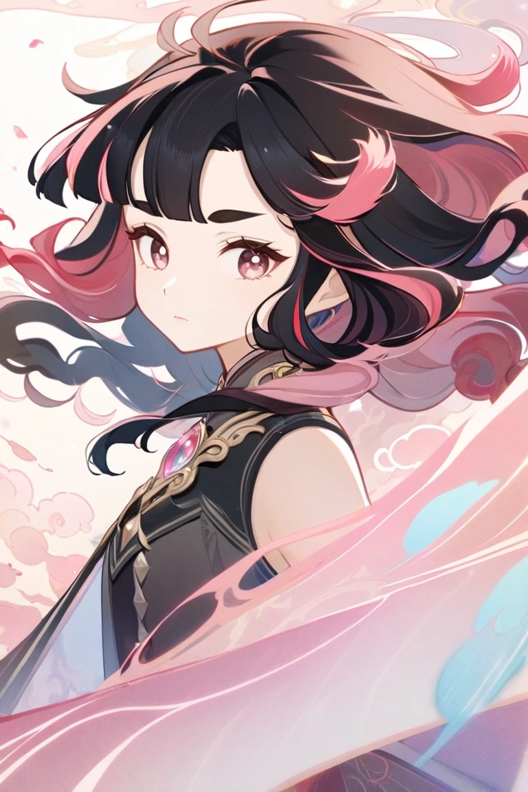  girl、On eyebrows、Long Hair、 loose fluffy perm、 black hair、Pink hair tip、long、Fleeting、Short bangs、Genshin style