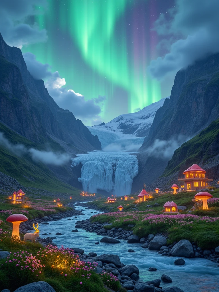 A **high-resolution capture** | ((a surreal **aurora borealis**)) cascading across the skies above a crystalline glacier | the aurora’s vivid **neon greens, magentas, and electric blues** blending with the soft glow of a magical countryside | fields of bioluminescent flowers scattered across lush meadows, their soft light shimmering against the icy foreground | mythical deer with golden, glowing antlers grazing near a crystal-clear stream that winds through the landscape, reflecting the surreal aurora | giant luminous butterflies flutter gently over a whimsical village of mushroom-shaped houses, their windows radiating a warm, inviting glow | **the glacier itself seems alive**, with faint pulsing lights within its icy depths | the entire scene is bathed in an ethereal glow, with a blend of vibrant fantasy colors creating a harmonious, dreamlike world | a seamless **fusion of magical realism and fantasy art**, evoking wonder and enchantment in a realm where nature and magic coexist.”