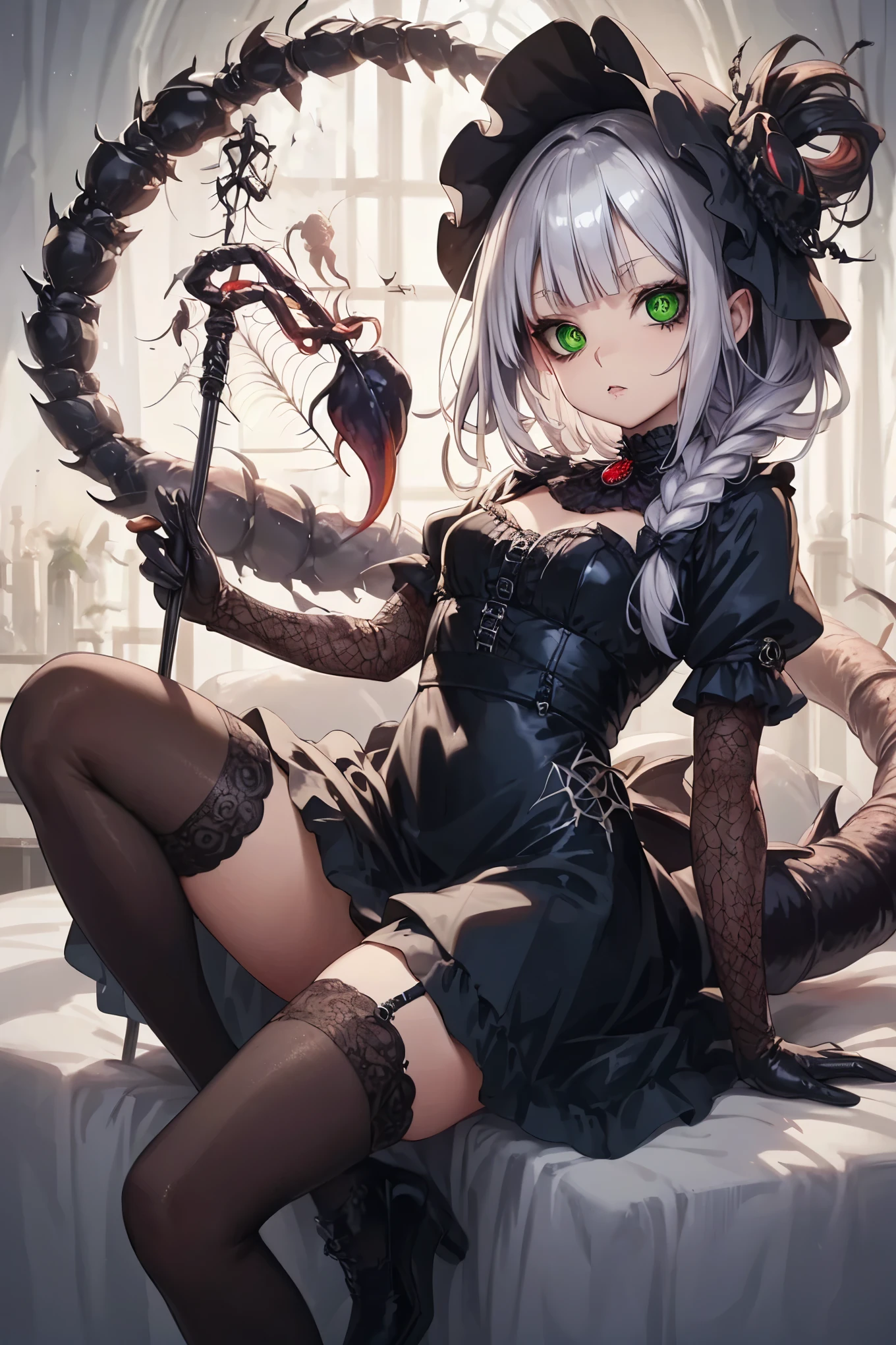 Scorpion girl. Black gothic dress. Scorpion tail. tail encased in a black shell. Crustacean. Gothic Cane. Silver hair. Horror eyes. Single braid. Crustacean left hand. Black gloves. Spider eyes in her hair. Dripping green mucus.