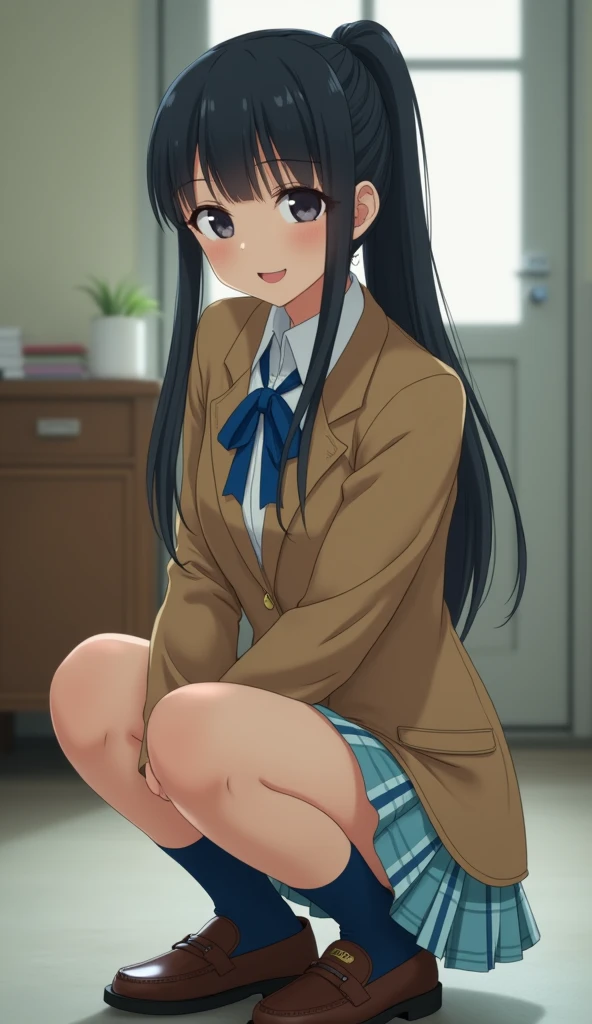 masterpiece,ultra detail,best quality,girl,blush,classroom,indoor,desk,chair,,yuzuki_kaede, brown eyes, brown hair, long hair, serafuku, ,open legs,spread legs, panties,lift legs,nsfw