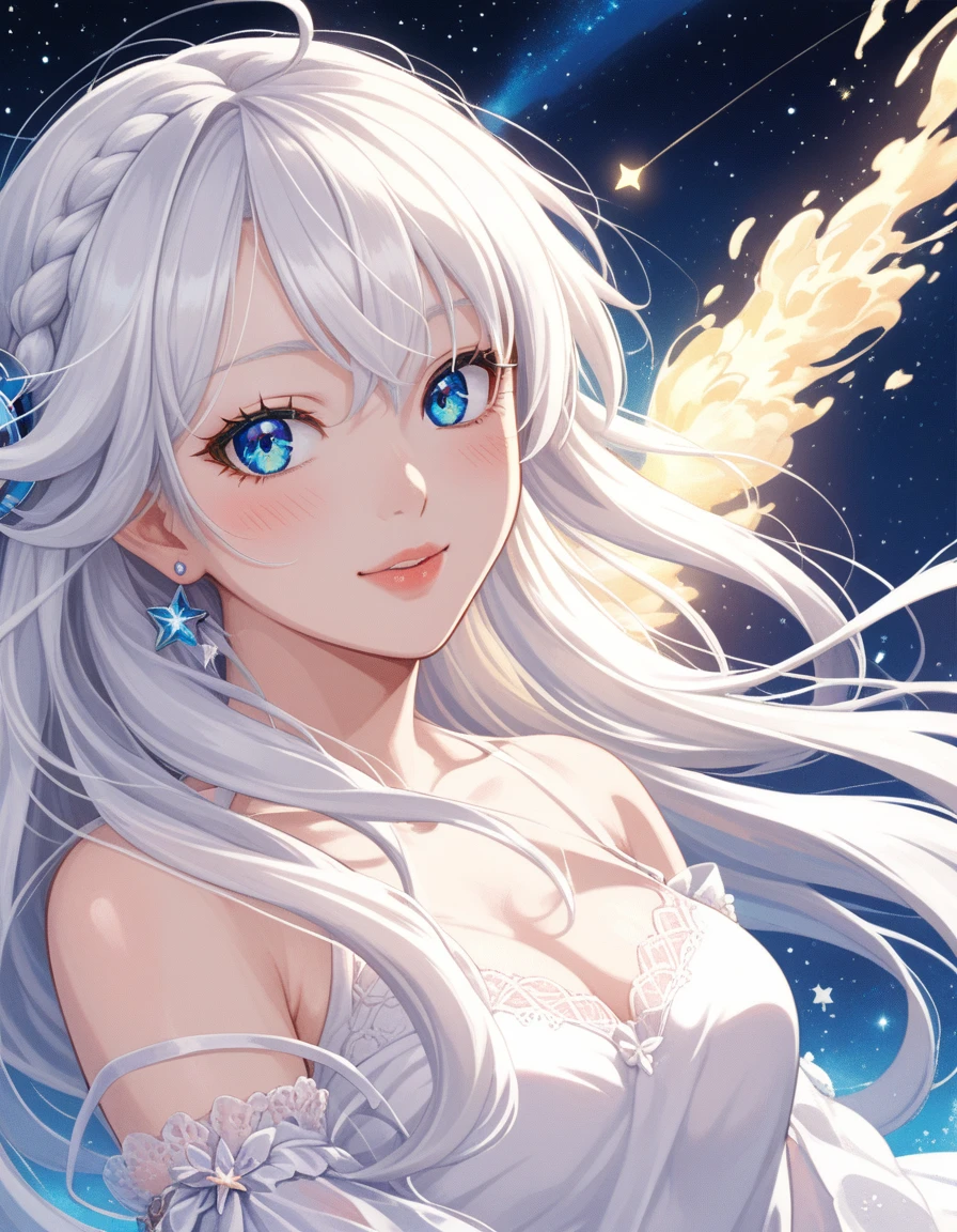 anime girl with long white hair and a star in her hair, White-haired goddess,    Space Haired Anime Girl   , star(null) starry_null,   ANIMATED VISUAL OF A CUTE GIRL  ,   Splash Art Anime Lori  ,   white shining aura  ,  Girl with White Hair , Ethereal Anime, akasuki voidstar, Celestial Aura, Nightcore,     Anime Moe Art Style   