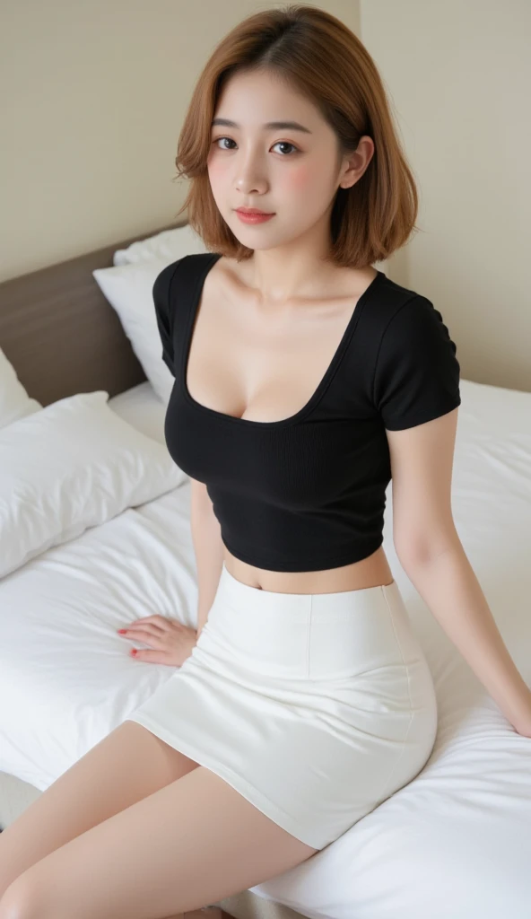 Gorgeous Korean woman is sitting on her bed in her room. Bob curve in hair style, golden color. Innocent, youthful facial features. natural makeup with coral lipstick. a square neck short sleeve, black, designed with a sexy square round neck. The slim-fit design enhances her curves and gives her a confident and stylish appearance. The length of the top is just right, sitting just above the navel to create a flattering and trendy look, showing off a beautiful belly and navel. She is dressed in a sleek, high-waisted white skirt, tulip skirt, micro mini length, revealing her beautiful legs and drawing the eye to her stylish stiletto heels that match the gleaming white of her outfit. Anatomically Correct, Big breasts, Simple background. From Above,Wide Shot, 