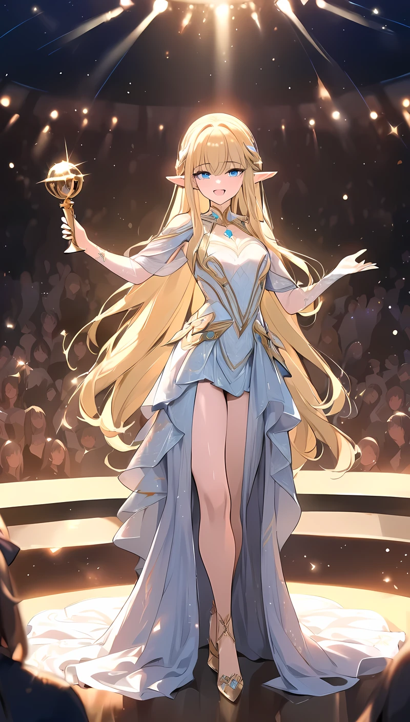 (((Best quality, 8k, Masterpiece: 1.3)), ((best quality)), ((masterpiece)), (detailed), perfect face, perfect body, (detailed skin:1.3), (intricate details), A radiant young elven actress, with flowing golden blonde hair and piercing blue eyes, stands on the grand stage of an Academy Awards ceremony. She wears an elegant, floor-length gown in shimmering silver and gold, adorned with intricate elven embroidery that glimmers under the stage lights. In her delicate hand, she holds the iconic Oscar statuette. Tears of joy glisten in her eyes as she speaks passionately into the microphone, her pointed ears visible beneath her graceful hair. The background features a lavish stage with golden curtains, dramatic lighting, and an audience captivated by her heartfelt words.