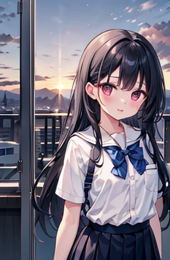 {masterpiece}, { best quality}, 1 girl,School_uniform,sunset, big chest、 Long Black Hair, big chest