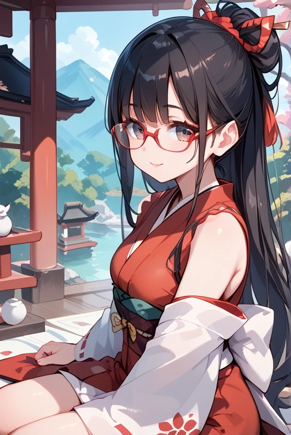 Black hair, long hair, glasses, red kimono, Japanese shrine, shrine visit