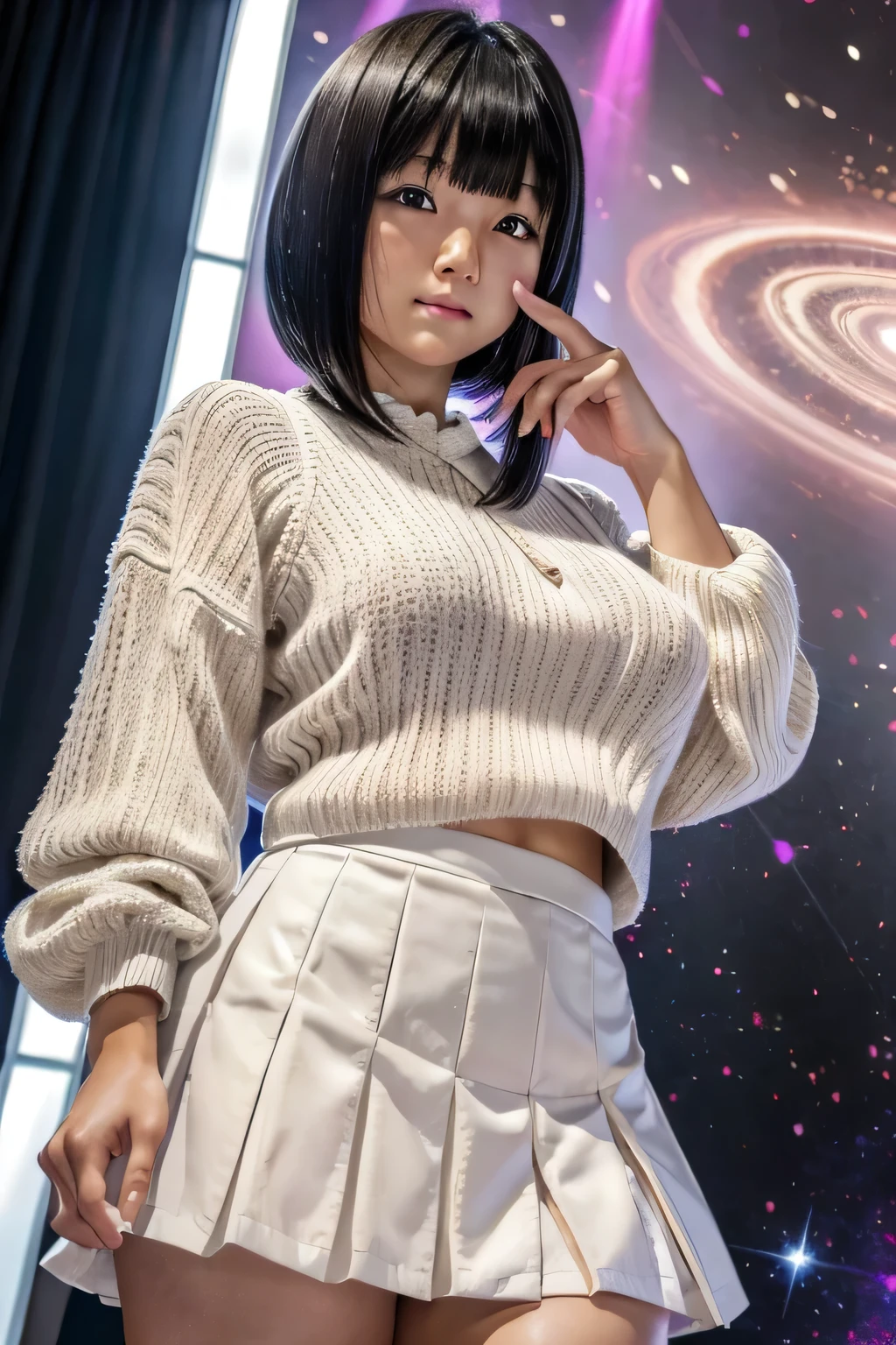 hypnotist,  Japanese, Fukami Rika ,  girl,  black hair,  Straight Short Hair,  very short hair ,  Very Shorthair,  bangs, Long straight hair with thin dark eyes and droopy eyes , Miniskirt with ruffles and lace with slightly sagging eyes , round face, chubby,  looking at the camera,  face and body face the viewer ,  bust up,  hold your right hand and stand straight with only your index finger, Stand up your index finger instead of your thumb , Hold your raised finger over the viewer , Open your left hand and place your palm at the viewer , Hypnotize viewers ,  white sweater, Ruffle and lace mini skirt,  The background is pink swirling light in outer space, HD quality, ( photo realistic:1.4),  RAW Photos,  Japanese girl, ( high resolution detail of human skin texture), 