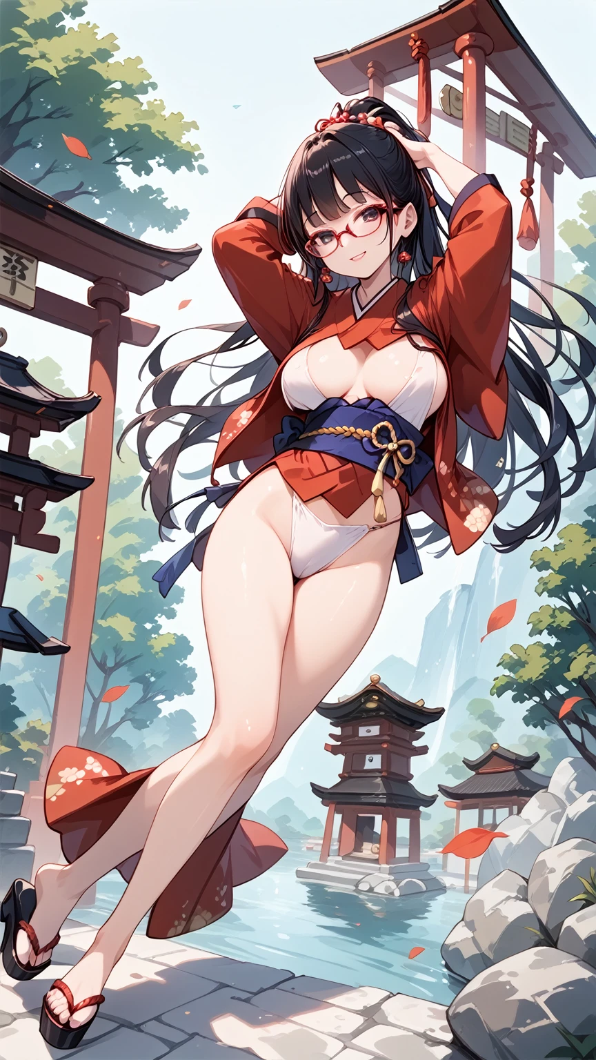 Black hair, long hair, glasses, red kimono, Japanese shrine, shrine visit