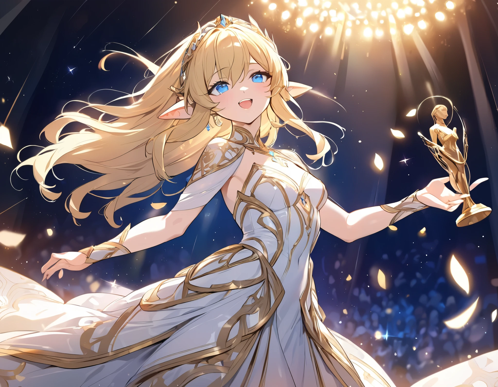 (((Best quality, 8k, Masterpiece: 1.3)), ((best quality)), ((masterpiece)), (detailed), perfect face, perfect body, (detailed skin:1.3), (intricate details), A radiant young elven actress, with flowing golden blonde hair and piercing blue eyes, stands on the grand stage of an Academy Awards ceremony. She wears an elegant, floor-length gown in shimmering silver and gold, adorned with intricate elven embroidery that glimmers under the stage lights. In her delicate hand, she holds the iconic Oscar statuette. Tears of joy glisten in her eyes as she speaks passionately into the microphone, her pointed ears visible beneath her graceful hair. The background features a lavish stage with golden curtains, dramatic lighting, and an audience captivated by her heartfelt words.