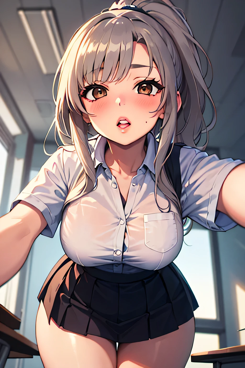 Masterpiece, Best Quality, Hi-Res, source_anime, (good_hands:0.9) , 1 girl , dark brown eyes, focused eyes, silver light brown coloured hair, ponytail hair, white buttoned shirt, skirt school uniform, medium breast, curvy body, High Contrast Glossy Oily Skin, class room, from below, leaning forward, pov kiss, thick lips, blushing, shock, scared, dramatic shadows, cinematic sun lighting, (light particles:0.8)