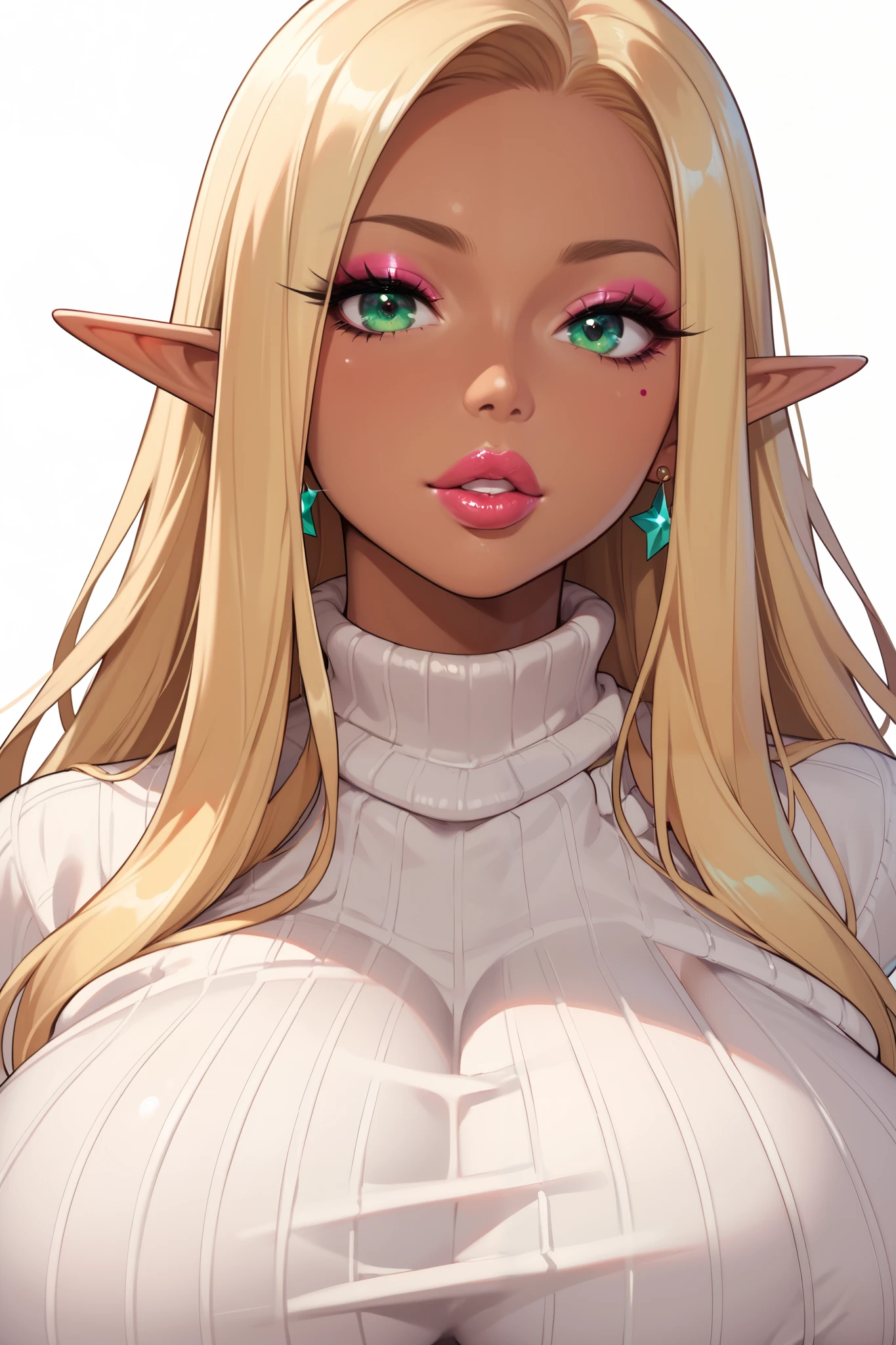 
score_9, score_8_up, score_7_up, 1girl,solo, upper body,looking at viewer, white background, voluminous long blonde hair, elf, makeup , parted lips, lipstick, eyeliner, bimbo, gyaru woman, gigantic breasts, sweater, mint green eyes