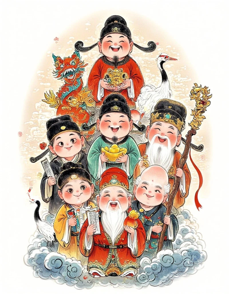 Refined ink painting, cute chibi, chibi style, (Fuxing, rosy cheeks, beaming with happiness, fortune bag), (Luxing, gentle and cultured, suave, scholarly, fame and fortune, wisdom, promotion), (Shouxing, youthful hair, energetic and vigorous, longevity hat, dragon head cane, longevity peach, long life), (Caishen, prosperous and plump, jubilant, gold ingot, wealth, shimmering gold, affluence), (Xishen, smiling, jubilant, waving red silk, joy, happiness), (gathering of the five deities), (Presenting the scene of stacking Arhats), sending blessings, auspiciousness, hope, happiness, family, career, health, wealth, joy, mythical elements, illuminating the world, joyful and beautiful, complete composition, festive colors, auspicious atmosphere, background is the celestial palace in heaven, full-body portrait, bright and vivid colors, colorful ink painting, high definition, highly detailed, fresh color scheme, bright and vibrant colors, drawn in the style of traditional animation techniques by Qui Shun, (((dopamine colors))), high saturation, high contrast, 8k, Eastern poetic painting