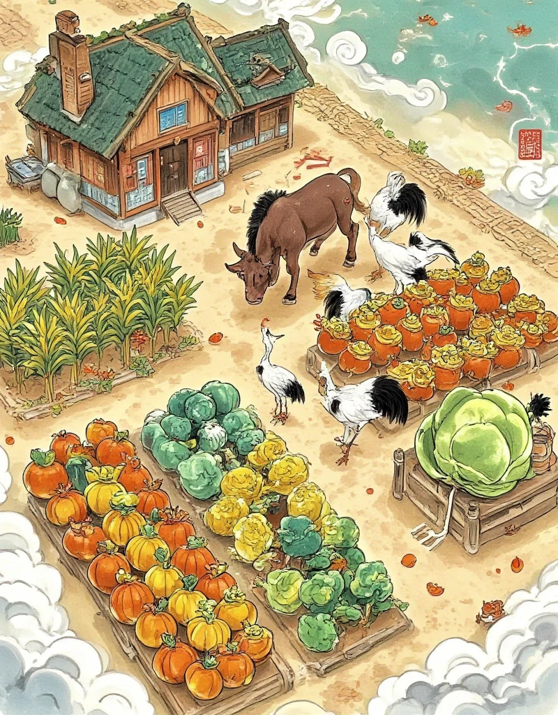 A picturesque landscape of a farm from a top-down perspective, reminiscent of the charming pixel art style seen in the popular video game Stardew Valley. The scene is set during the day, with a bright and clear sky overhead. In the foreground, a variety of vibrant crops are neatly organized in rows: plump pumpkins, tall corn stalks, and lush green cabbage. Scattered around are some farm animals: a few chickens pecking at the ground, cows grazing slightly off to the side, and a faithful brown workhorse near a rustic wooden barn. To the far left, a quaint farmhouse with a thatched roof is seen amidst the beautiful, pastoral surroundings.