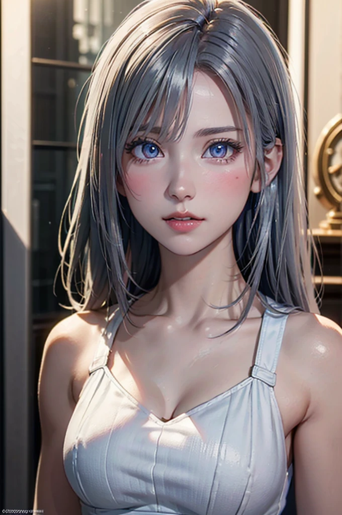 ((((masterpiece, best quality, high resolution)))), (1girl:1.5), ((short silky hair, white hair, purple eyes)), (medium breasts:1.2), blush, (cheeky smile, parted lips), glow, thighs, bare shoulders, collarbone, narrow waist, (slender body figure), (beautiful detailed face, beautiful detailed eyes), ((Black crop top, open waist)), looking at viewer, ((centered shot, from front,(face and waist)))