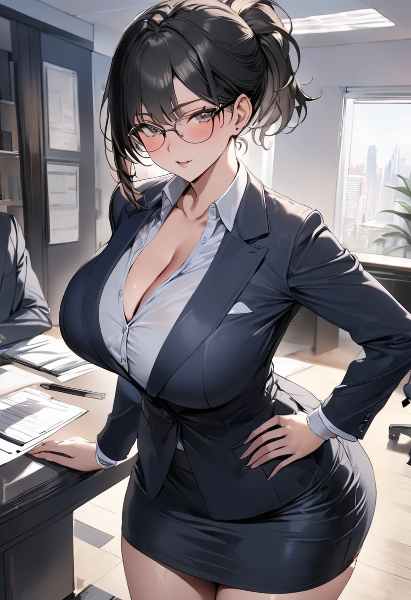 ((  best quality)), ((masterpiece)), (   Details), ( 1 Anime Girl  ),    sexy,  black hair with big breasts 9０CM OL ,    short ponytail ,   young woman,  OL with glasses , ((( Woman standing in office ))) , (  woman in business suit  ),  pencil skirt