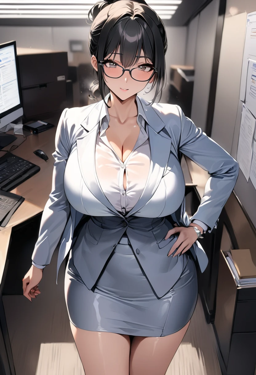 ((  best quality)), ((masterpiece)), (   Details), ( 1 Anime Girl  ),    sexy,  black hair with big breasts 9０CM OL ,    short ponytail ,   young woman,  OL with glasses , ((( Woman standing in office ))) , (  woman in business suit  ),  pencil skirt