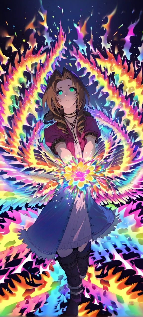 Symmetric, absurd,  high definition ,  super detailed,  high definition , masterpiece,   Highly Detailed Faces and Eyes,  Aerith Gainsborough , Final Fantasy 7, , , Alone, woman , beautiful, ,, , beautiful pose scene, colorful flower effect , colorful lightning effect ,Shining Sparkle, ,colorful flame effect ,  colorful aura effect ,  colorful splashes ,  energy surrounded by colorful flowers