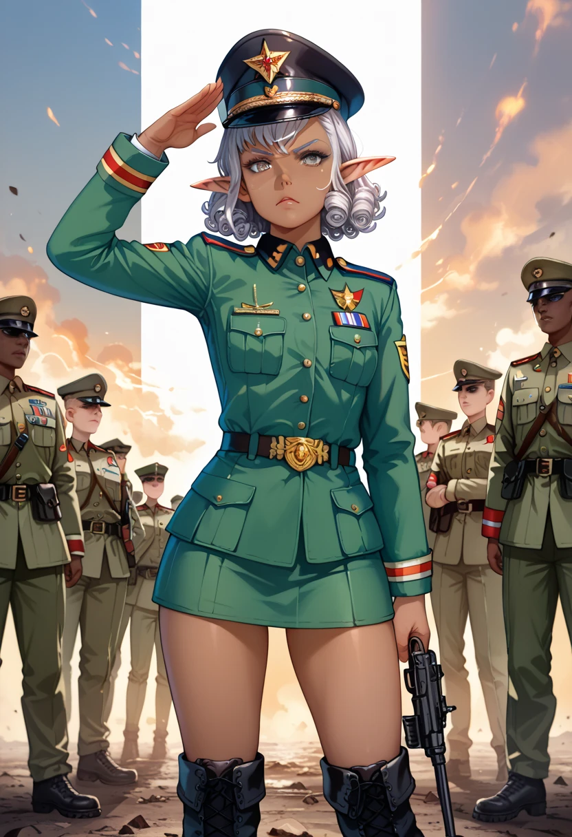 masterpiece,best quality,high resolution,super fine Illustration,detailed background,detailed skin,detailed face,detailed eye,
BREAK
upper_body,(front view:1.4),supermodel full-body pose,standing,salute,
BREAK
(female dark elves army officer:1.2),(dark skin:1.6),(elf ears:1.2),silver hair,short curly hair,grey eyes,skinny,serious,thin,
BREAK
(black prussian style army uniform,black prussian style army hat:1.4),military boots,
BREAK Military base headquarters,