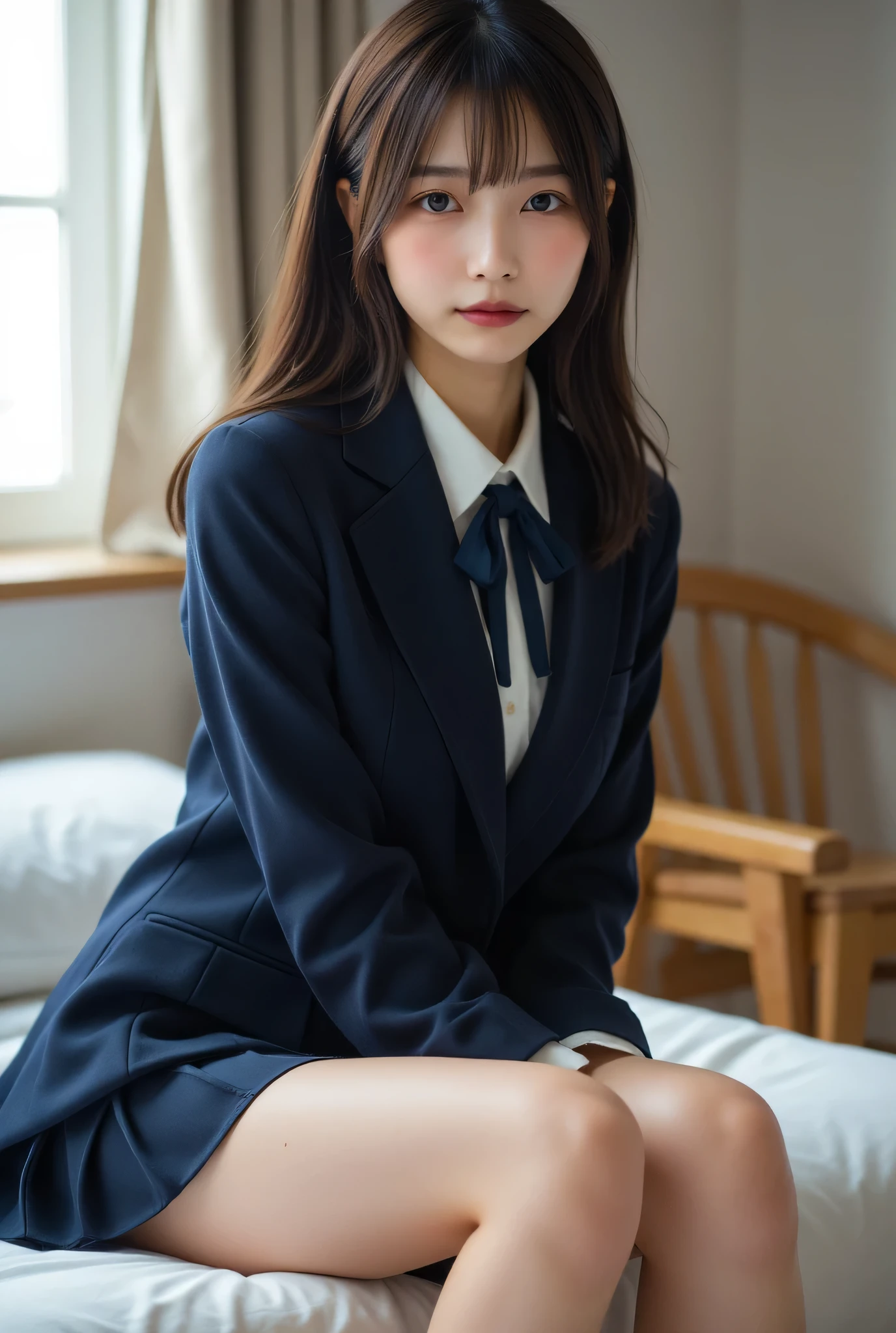 Arafed asian woman in a suit and tie sitting on a bed - SeaArt AI