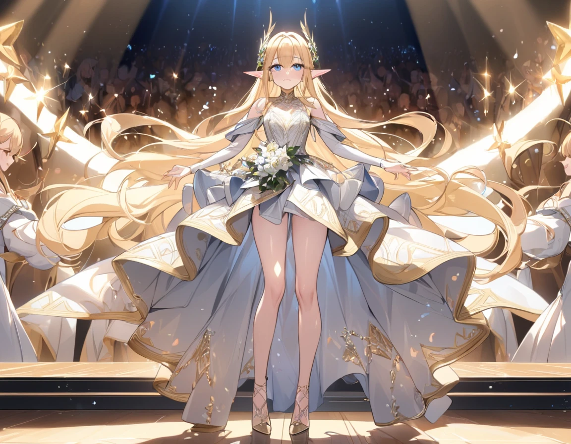 (((Best quality, 8k, Masterpiece: 1.3)), ((best quality)), ((masterpiece)), (detailed), perfect face, perfect body, (detailed skin:1.3), (intricate details), A radiant young elven actress, with flowing golden blonde hair and piercing blue eyes, stands on the grand stage of an Academy Awards ceremony. She wears an elegant, floor-length gown in shimmering silver and gold, adorned with intricate elven embroidery that glimmers under the stage lights. In her delicate hand, she holds the iconic Oscar statuette. Tears of joy glisten in her eyes as she speaks passionately into the microphone, her pointed ears visible beneath her graceful hair. The background features a lavish stage with golden curtains, dramatic lighting, and an audience captivated by her heartfelt words.