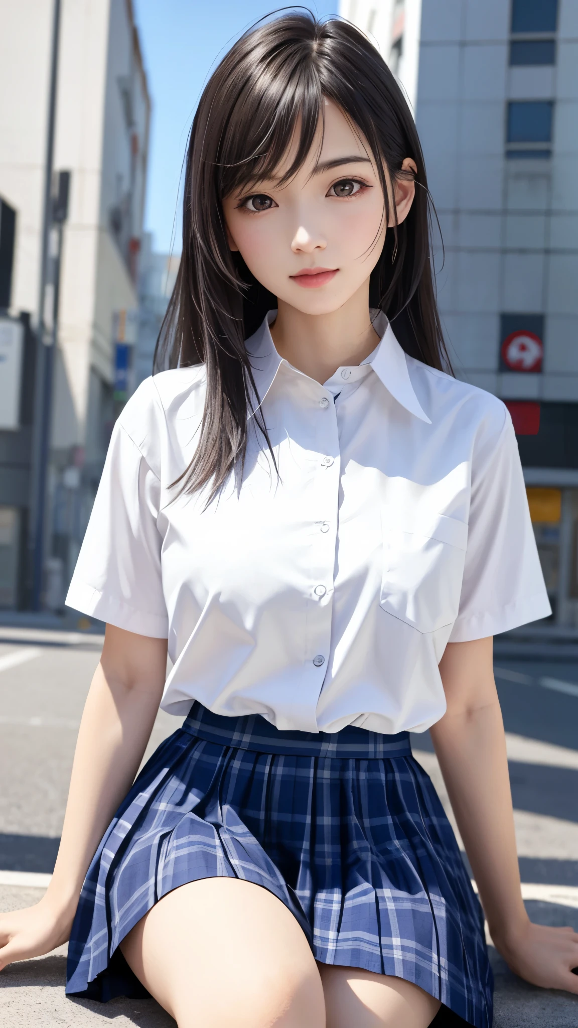 {top quality, masterpiece}, (Realistic: 1.3), (photo Realistic: 1.3), wallpapers, BREAK {{{FF7, Tifa_lockhart, solo}}},{{{Japan JK uniform, White short-sleeved shirt, Navy Blue Plaid Pleated Skirt, Dark blue short socks, loafers, see through shirt}}}, (background big city,shibuya:1.1), {{{erotic, Nogizaka idol}}}, Ultra-detailed face, Detailed eyes, Red eyes, BREAK (black brown hair, Large breasts: 1.0), BREAK About 18 years old, kawaii, sensual, looking away, {{{erotic face ,erotic mouth, erotic eyes}}}, face focus:1.2