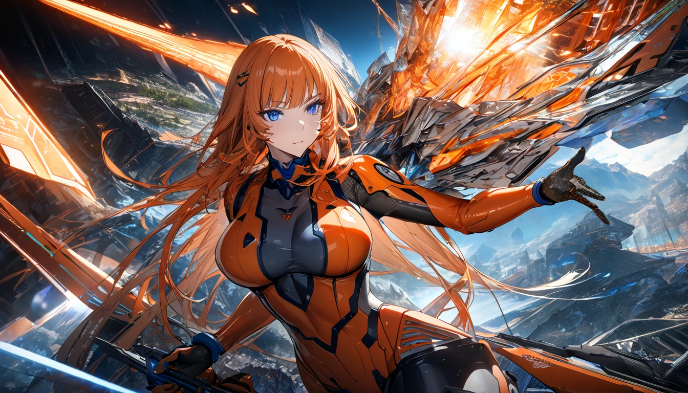 Adult Women,   long orange hair from behind the light,  blue eyes,  cyborg,  very tight transparent battle suit,  cyberblade in hand , transparent elements , masterpiece,  best quality, Full HD, 8k,  Ultra Detailed ,  amazing graphics , Asaka Kouka,  vs. Demon Shinobu suit, bodystocking,  Future Cities ,   knight , moon,