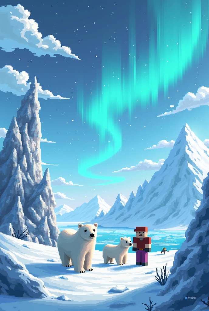 Minecraft style 、 Pixel Tone 、Above the glacier 、Ice World、 polar bears and avatars are standing、The background is the aurora