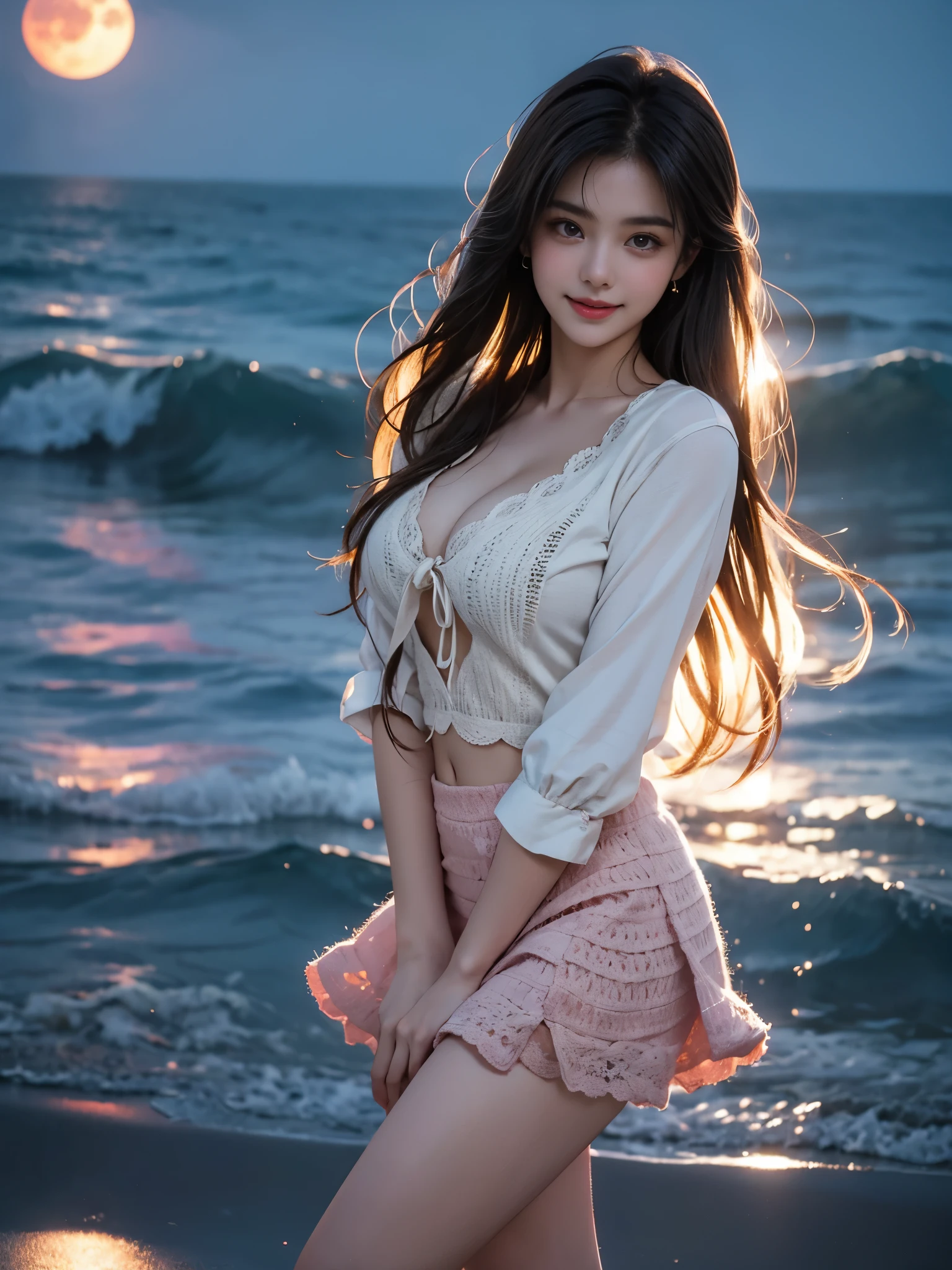 (masutepiece:1.3, Photorealsitic:1.4, 8K), top-quality, ​masterpiece, 超A high resolution, Perfect dynamic composition, Highly detailed skin and facial texture:1.3, A detailed eye, Detailed limbs, Summer Night Sea:1.1, 1girl in, Cute sexy 25 year old tall woman, Fair skin, tilt the neck, ((embarrassing smile:0.9, Furiously enchantes you:1.1)), (Wearing a see-through off-shoulder long-sleeved T-shirt:1.1), Huge chest on the verge of bursting:0.8, cleavage:0.6, ((Beautiful blue eyes, Eyes that feel beautiful eros:0.85)), (Beautiful legs, kneeking), Sexy face:0.4, red blush:1.1, ((A mouthfeel that feels beautiful eros:0.85)), ((Too erotic:0.9))