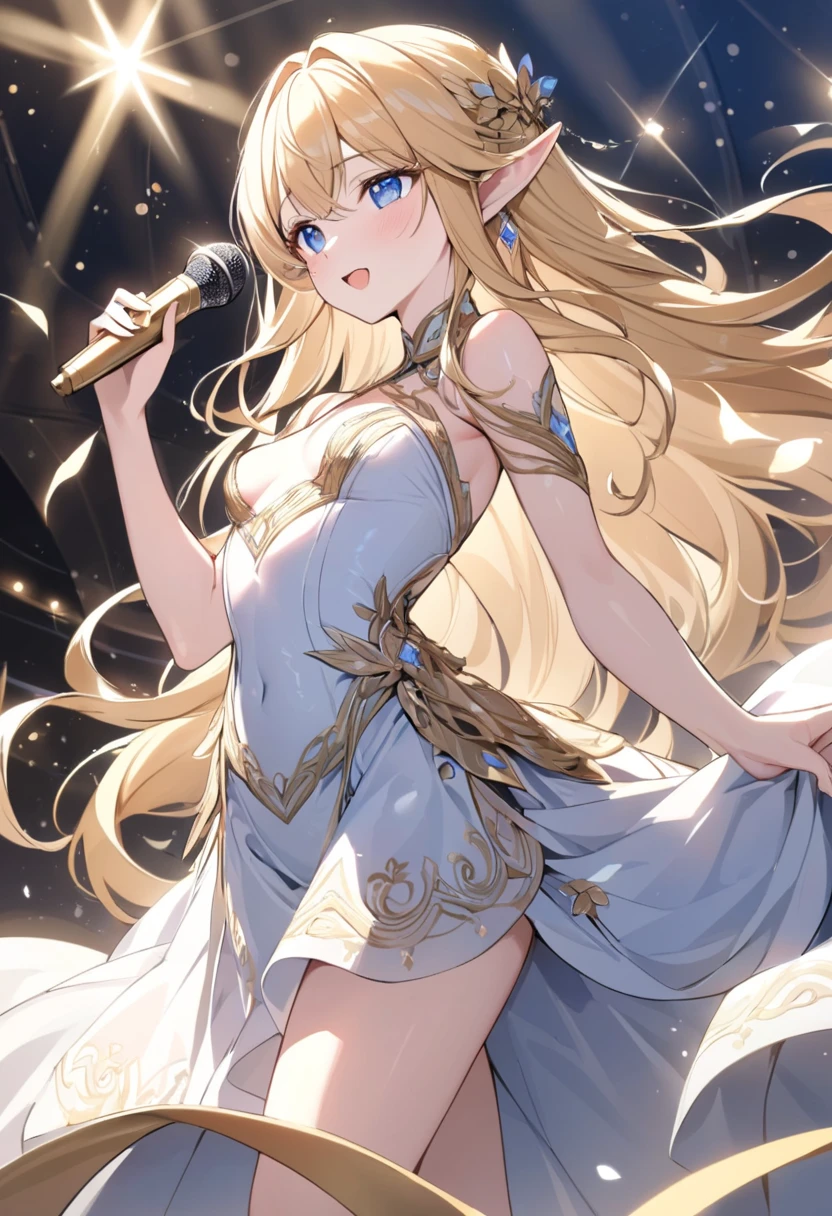 (((Best quality, 8k, Masterpiece: 1.3)), ((best quality)), ((masterpiece)), (detailed), perfect face, perfect body, (detailed skin:1.3), (intricate details), A radiant young elven actress, with flowing golden blonde hair and piercing blue eyes, stands on the grand stage of an Academy Awards ceremony. She wears an elegant, floor-length gown in shimmering silver and gold, adorned with intricate elven embroidery that glimmers under the stage lights. In her delicate hand, she holds the iconic Oscar statuette. Tears of joy glisten in her eyes as she speaks passionately into the microphone, her pointed ears visible beneath her graceful hair. The background features a lavish stage with golden curtains, dramatic lighting, and an audience captivated by her heartfelt words.