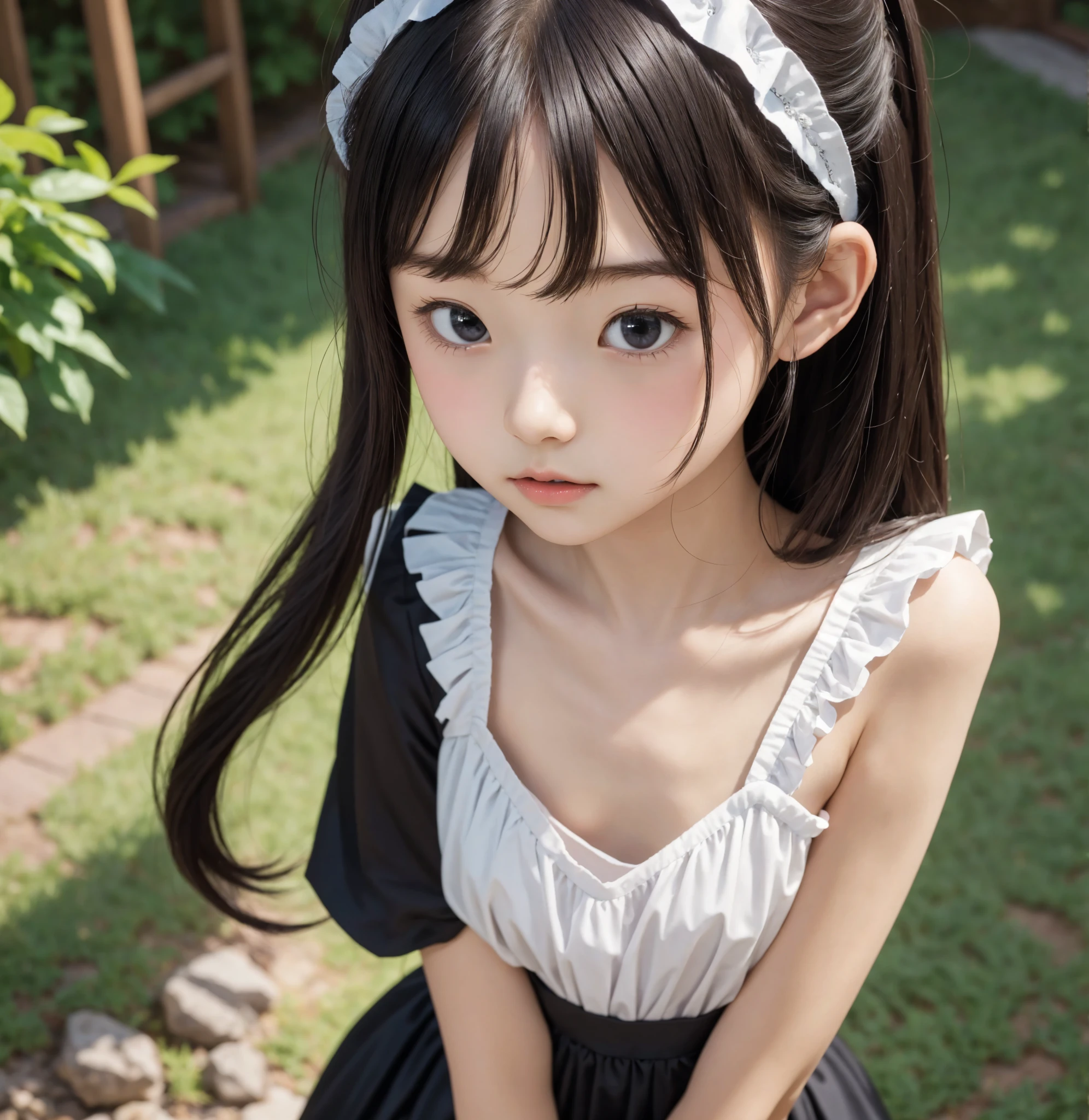 Maid,cute pretty girl,masterpiece,high definition,4k,8k,16k,odango hairstyle,black hair,slender body