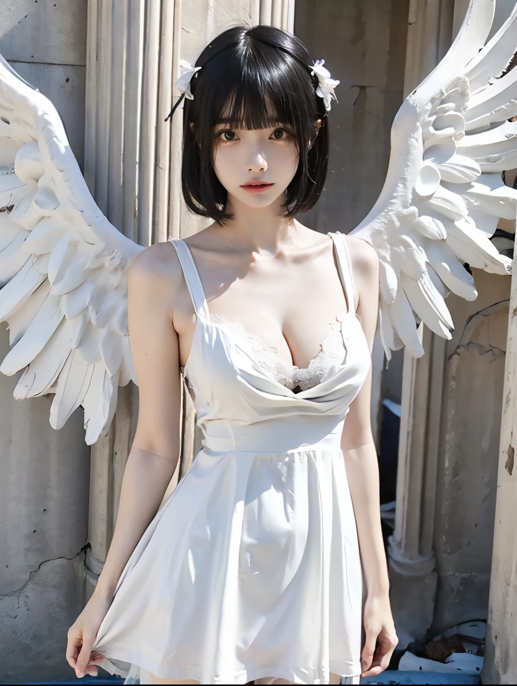 8K, Raw photo, Photorealistic, (Detailed skin, Best Quality:1.2), (Angel wings), ((White camisole dress, short dress)), (white head dress, bob hairstyle, bangs), age girl with angel wings, in abandoned Greek temple, (cleavage, pale skin:1.4), thighs, back lighting