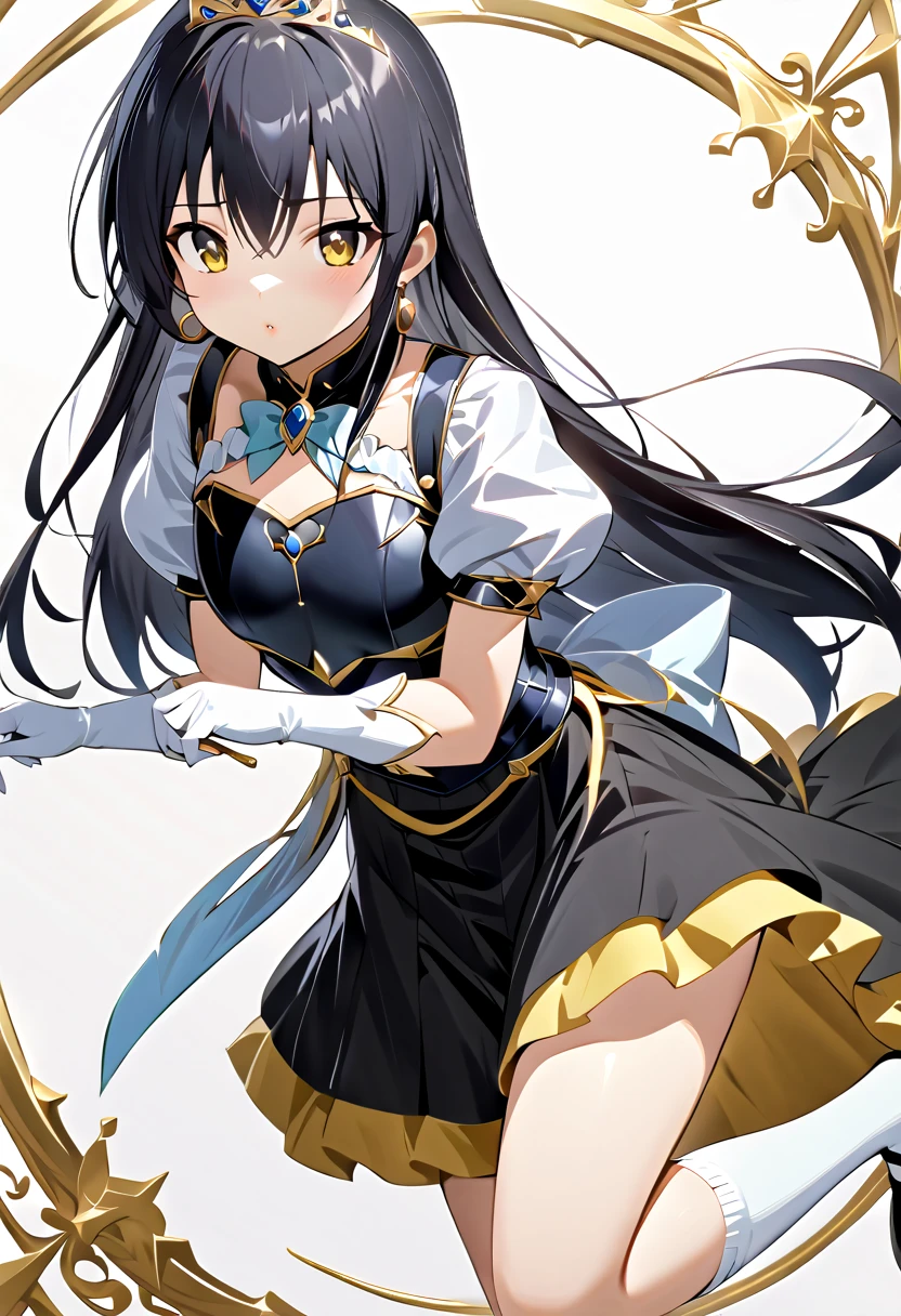 ((masterpiece)),  best quality,  Very detailed,( one girl who is at ease),Yui Kotegawa,  yellow eyes, Long Hair,  black hair,  dress, (( white knee socks like Arcelle )), Gloves,  jewelry,  clevis,  princess your ddler, elbow Gloves,  tiara , brooch, white Gloves、Adult women、thin、 VERY BEAUTIFUL、 Facial beauty、 long skirt、(((black and white armor、breastplate、Shiny Armor:1.2)))、 holding a bow、 Gold Earrings 、 black hair,  yellow eyes,  pink lips、 black stockings 、 black stiletto heels 