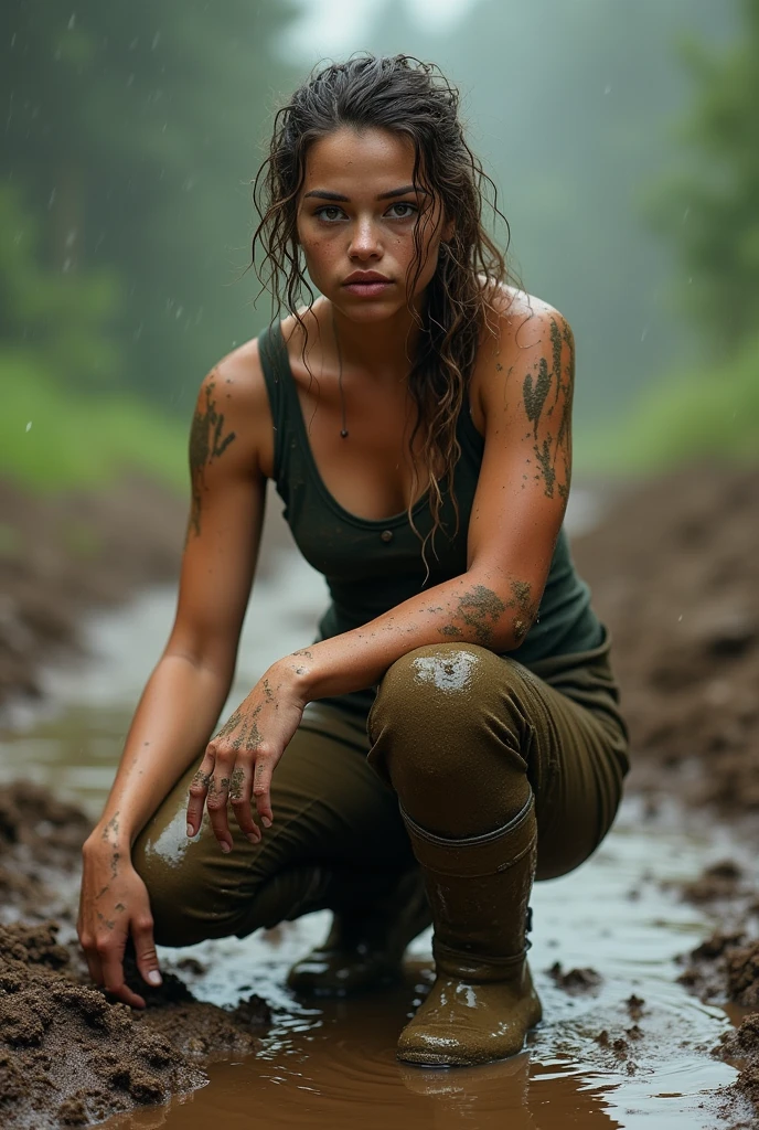 “A woman survives in the jungle, with sexy dirty and torn clothes. She is dressed in a sexy shirt and sexy shorts, her skin is covered in mud and her hair is disheveled. . side Sunlight falls on her, highlighting the texture of her skin and the shape of her figure. The setting is that of a dense, lush jungle, with tall trees and lush green leaves, creating an atmosphere of adventure and danger."