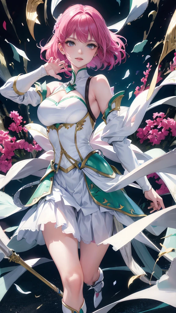 (Highest resolution, clear_image) Highest quality, a female's masterpiece, Very detailed, Semi-realistic,(Most of the body), (Highest quality, masterpiece, Ultra-realistic),Magenta hair, Straight Cut, Torn black bangs, , Shadows appear in the eyes, short hair, ,Part your bangs in the center、I can see your forehead, ,,intimidating pose、The whole body from head to foot、、Sharp eyes、、、Breastplate armor、Emerald blue armor and white clothing、Tight Skirt、Swordsman、Partially armored、Hold a double-edged sword in your hand