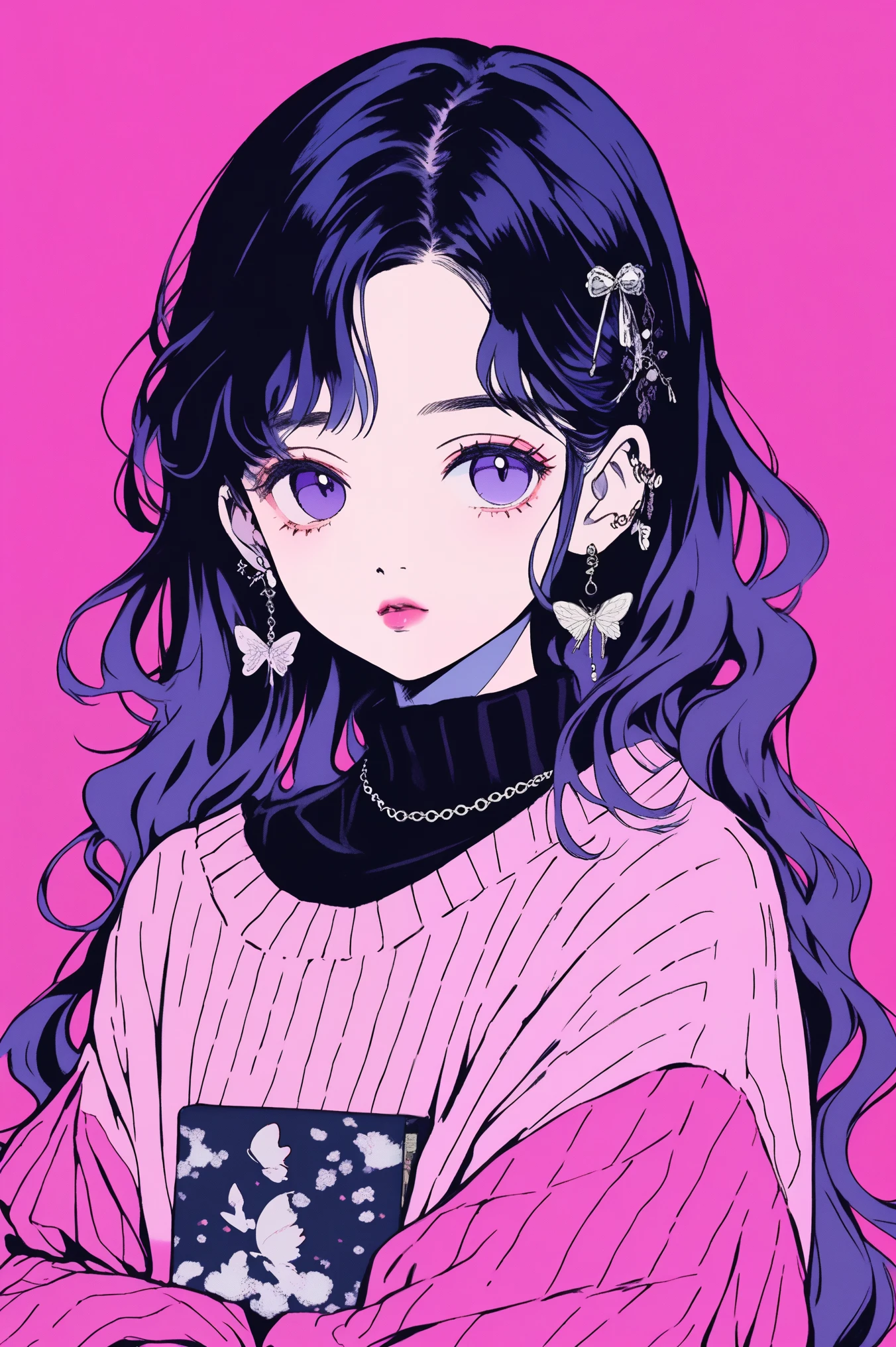 ( top quality , sketch:1.2), actual , illustration designer , Japanese Anime, 1 girl at home, detailed lips ,sweater,CUSTOM, pink gradient background , neon hairstyle ,Texture Clipping,masterpiece, style: retro classic , dark black 、braid、Under the moon、 black and purple hair 、Beautiful book、 blue butterfly hair accessories