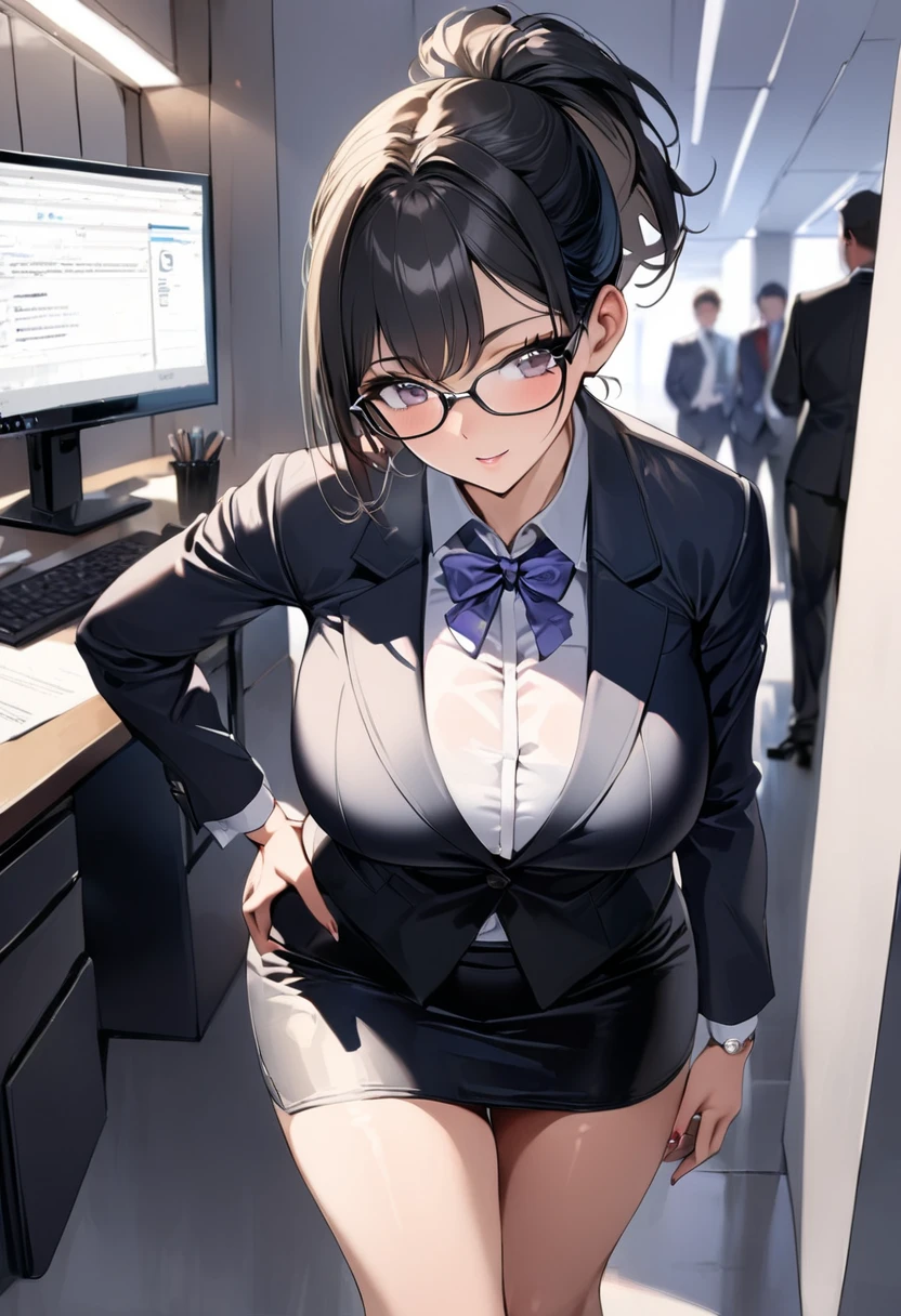 ((  best quality)), ((masterpiece)), (   Details), ( 1 Anime Girl  ),    sexy,  black hair with big breasts 9０CM OL ,    short ponytail ,   young woman,  OL with glasses , ((( Woman standing in office ))) , (  woman in business suit  ),  pencil skirt