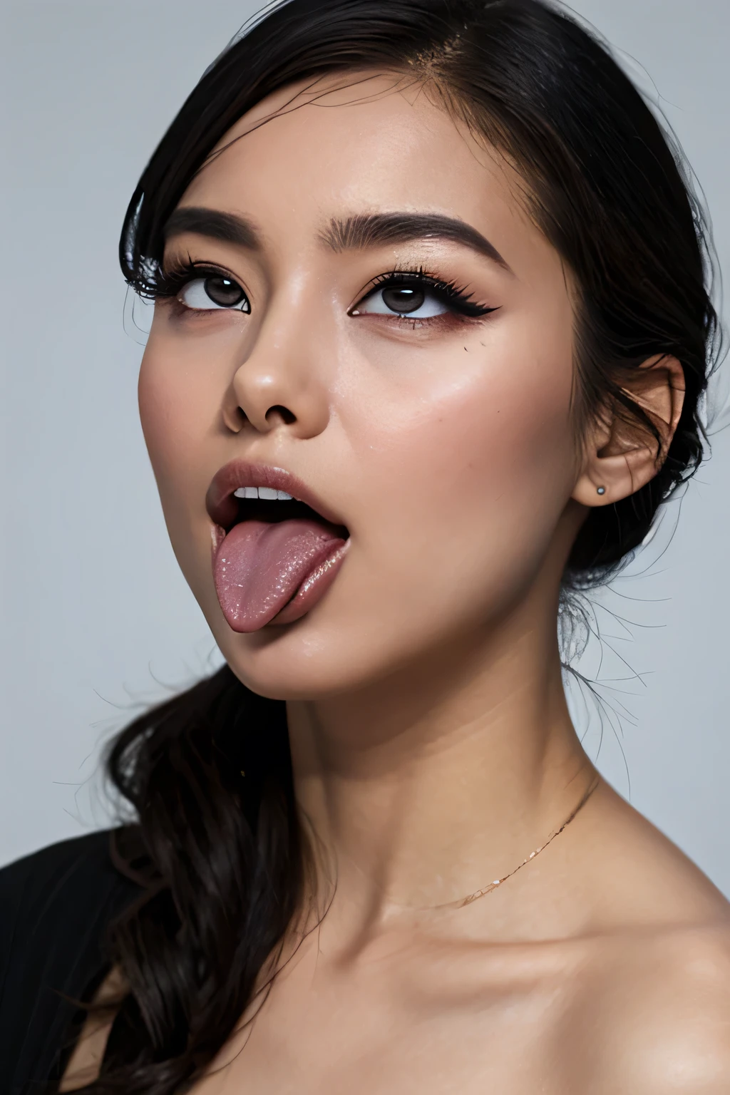 table top naked underneath the jacket, high definition , high definition , Award-winning photo, realistic skin texture, very detailed , keep your eyes sharp and focused , Nose and mouth, face focus , Light that highlights people's radiant skin , black camisole、Age 35,Black-haired、Symmetrical face, Insulated 、 from below、Extended C-shaped nostrils ,,, at the viewer's discretion 、, White background 、 sweated skin、 Lighting to Highlight sweated Skin、(( realistic and elaborate eyes and eyelashes )) sweated, shiny skin 、 growing skin that does not depict the nasal cavity 、 sweated hair、 ball gag、sunlight、(( long tongue sticking out at the viewer's discretion ))