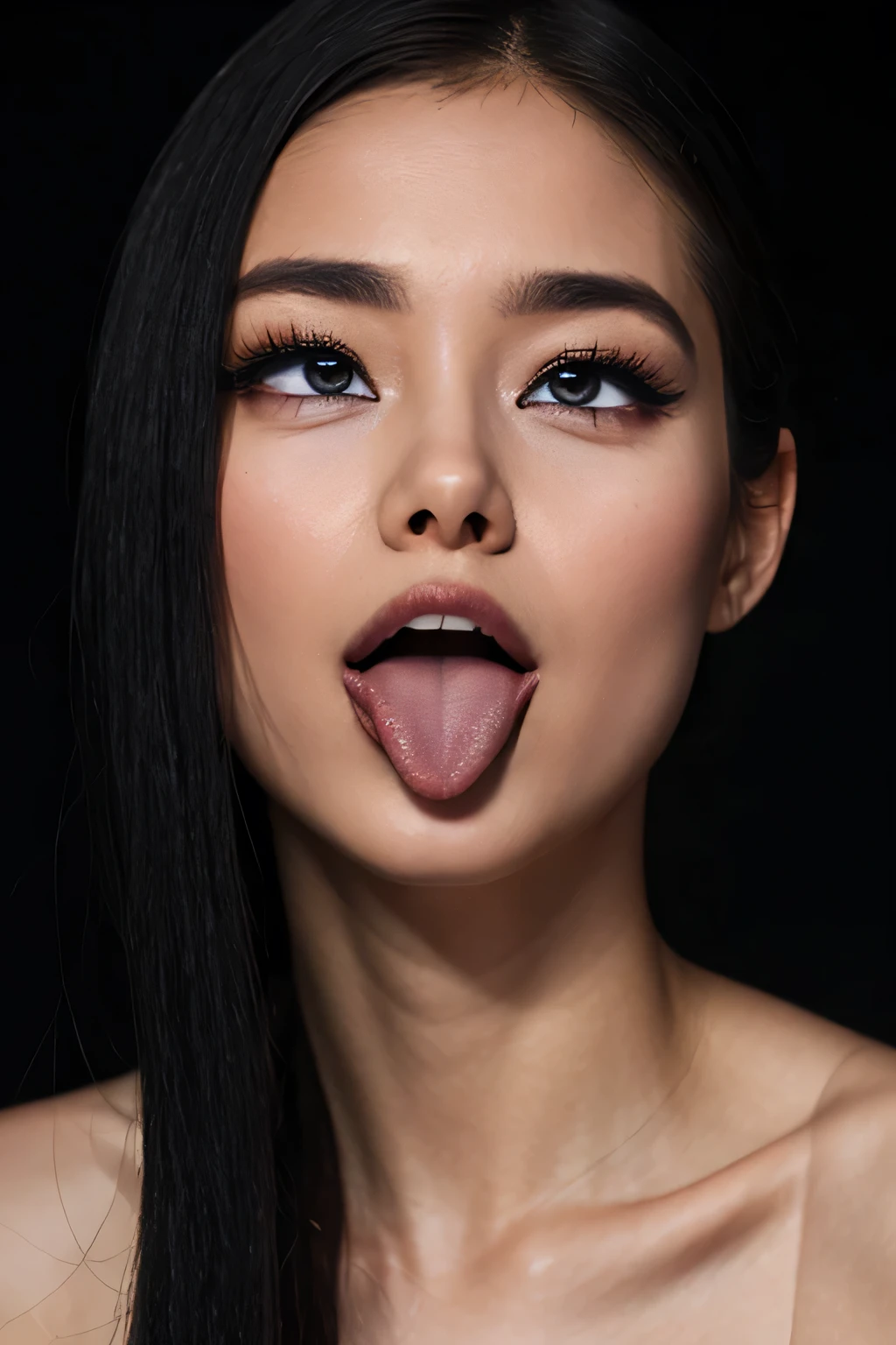 table top naked underneath the jacket, high definition , high definition , Award-winning photo, realistic skin texture, very detailed , keep your eyes sharp and focused , Nose and mouth, face focus , Light that highlights people's radiant skin , black camisole、Age 35,Black-haired、Symmetrical face, Insulated 、 from below、Extended C-shaped nostrils ,,, at the viewer's discretion 、, White background 、 sweated skin、 Lighting to Highlight sweated Skin、(( realistic and elaborate eyes and eyelashes )) sweated, shiny skin 、 growing skin that does not depict the nasal cavity 、 sweated hair、 ball gag、sunlight、(( long tongue sticking out at the viewer's discretion ))