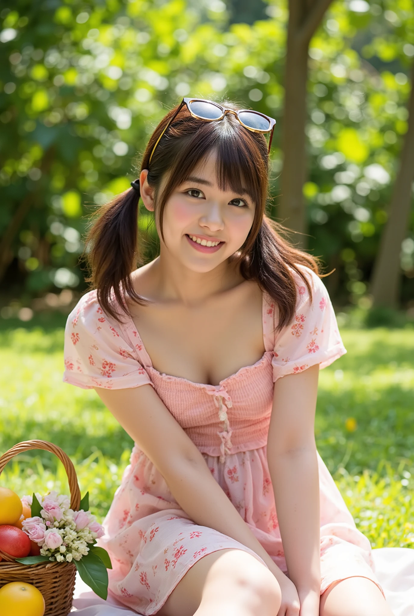 Thai woman, A cheerful Asian teenage girl in a light pink floral dress, sitting on a picnic blanket in a sunny park. Her hair is styled in playful pigtails, and she wears a pair of cute sunglasses. She enjoys a picnic with a basket of fruits and flowers around her, laughing and having a great time. Detailed face, beautiful eyes, high resolution, photorealistic, natural lighting, vibrant colors, trendy fashion, park backdrop, joyful picnic pose.