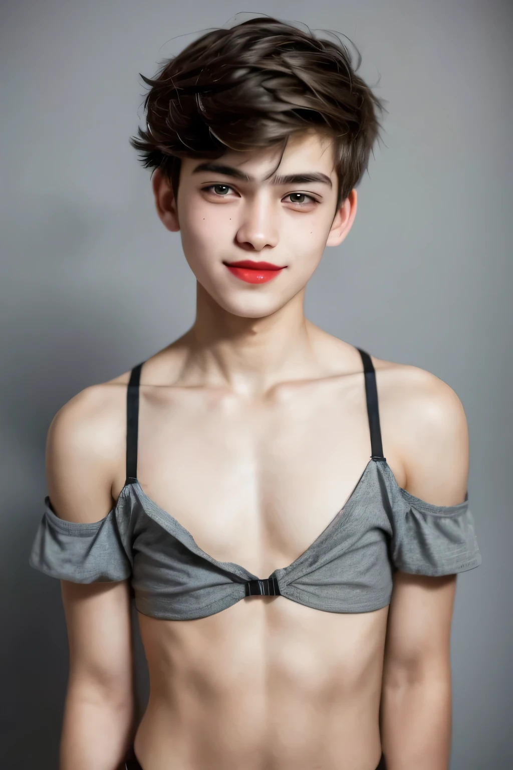 Half body potrait, 1 cute boy femboy (18yo), upper body, slim waist, (small breast:1.7), sexy pose, naugthy face, bangs, random Short hairstyle, cleavage, navel, off shoulder, seductive smile, wear orange sexy underwear, gray background, (red lipstick), (Hairy Pussy:0.075)