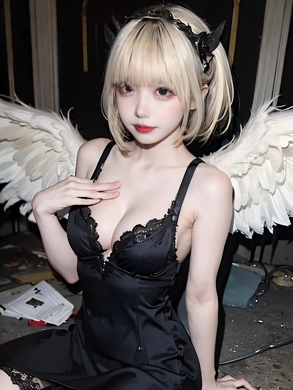 8K, Raw photo, Photorealistic, (Detailed skin, Best Quality:1.2), seductive succubus, (black wings), Teenage girl with black wings, in abandoned church, ((black camisole dress, short lace dress)), (black head dress, blonde bob hairstyle:1.3, bangs), (cleavage, skinny body, pale skin), thighs, back lighting