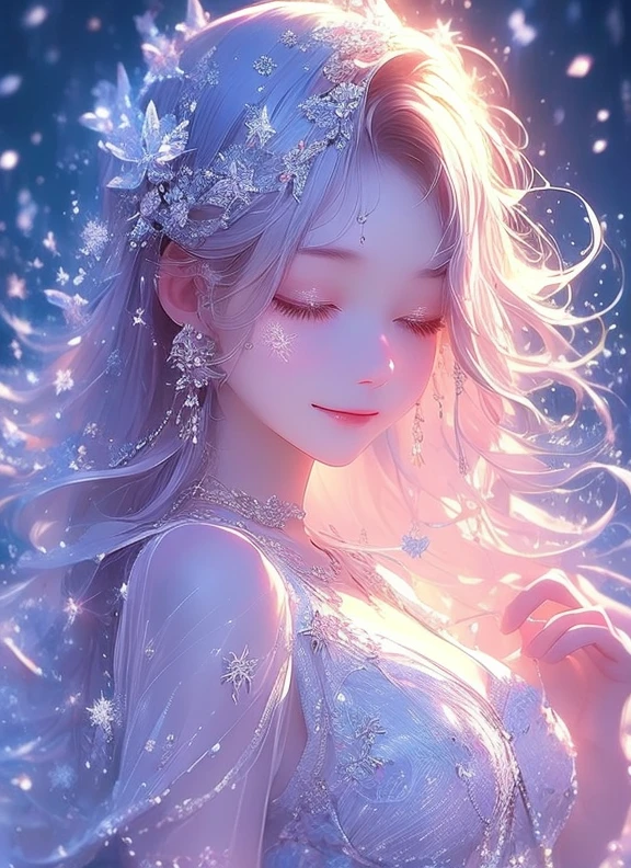 Snowy Night、 The world sleeps quietly 。  The snow that falls and piles 、 The stage for fairies 。  while emitting countless lights、 Lightly、 and dances gracefully 。 it is、Blooming in the winter night sky 、  like the most beautiful flower 、smile、 upper body
