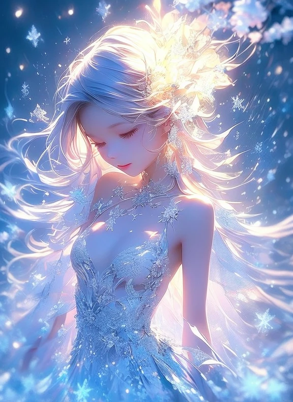 Snowy Night、 The world sleeps quietly 。  The snow that falls and piles 、 The stage for fairies 。  while emitting countless lights、 Lightly、 and dances gracefully 。 it is、Blooming in the winter night sky 、  like the most beautiful flower 、smile、 upper body
