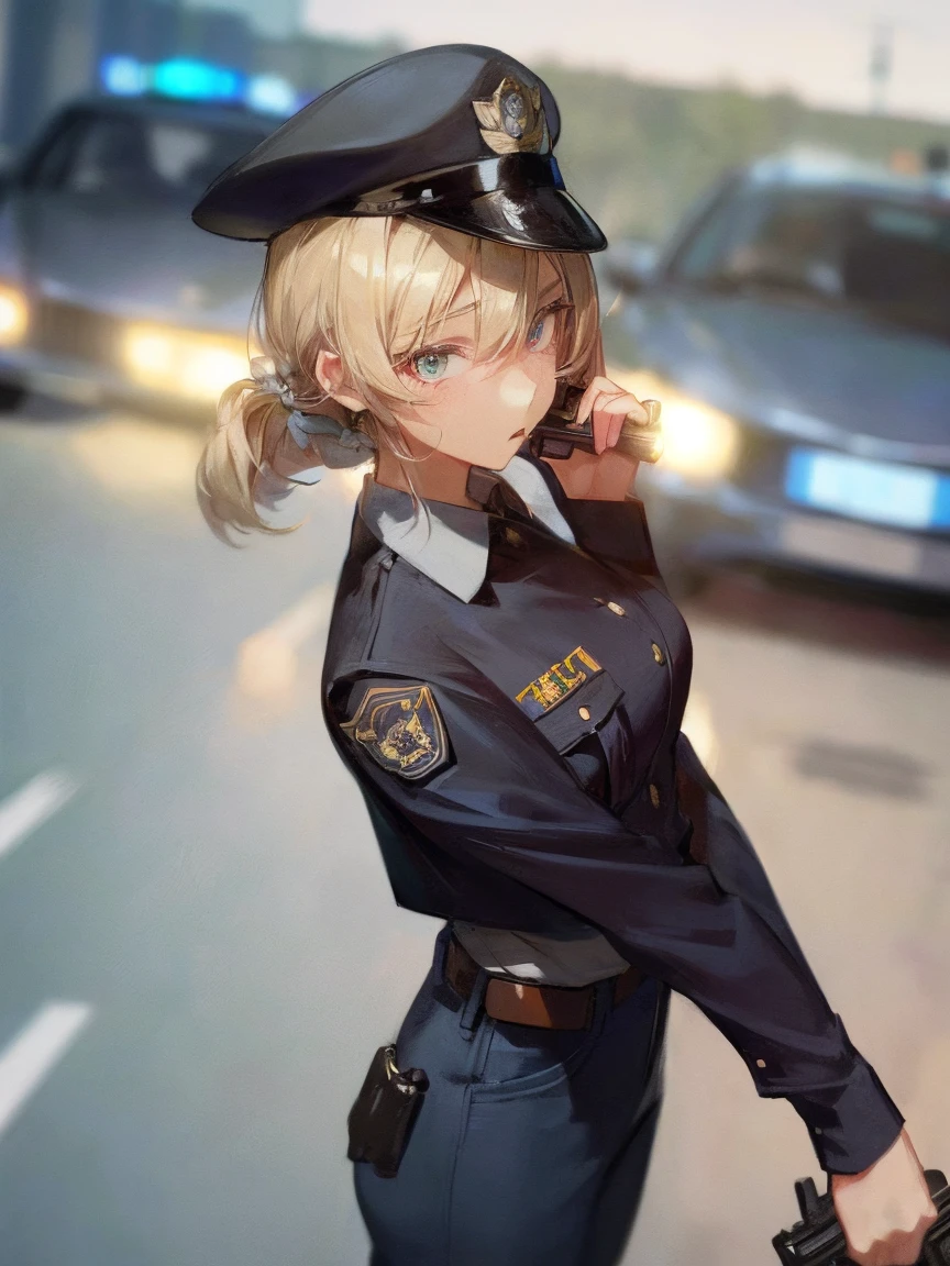 (masterpiece, highest quality:1.2), 1 girls,  ((Police Officer)), (Police uniform) , (She has a gun) , (Road with cars), (eyes half closed), large tears, (lots of drool), The body shakes violently, ((Hasselblad Photos)), [:(detailed face:1.2):0.2], , aroused , Small breasts