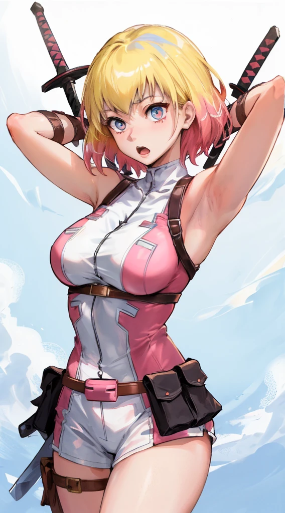 Gwenpool,  1 girl , arms,  blonde hair , Multicolored Hair, Alone,  blue eyes, sword, Pouch,  superhero,  short hair,  gradation hair,  open your mouth, belt,  Bicolor Hair ,  Pink Hair, breast, Gloves, belt Pouch